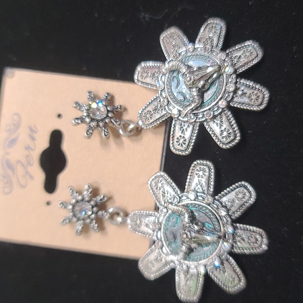 Longhorn Medallion Silvertone Spur Post Earring w Rhinestones & Copper Ctr NWT